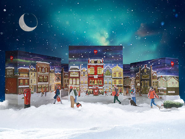 2025 Virgin Wines Advent Calendar in snowy illustrated setting with blue glowing sky