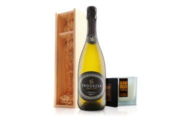 Prosecco and Candle in Wooden Gift Box