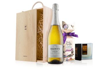 Prosecco Chocolates and Candle in Wooden Gift Box
