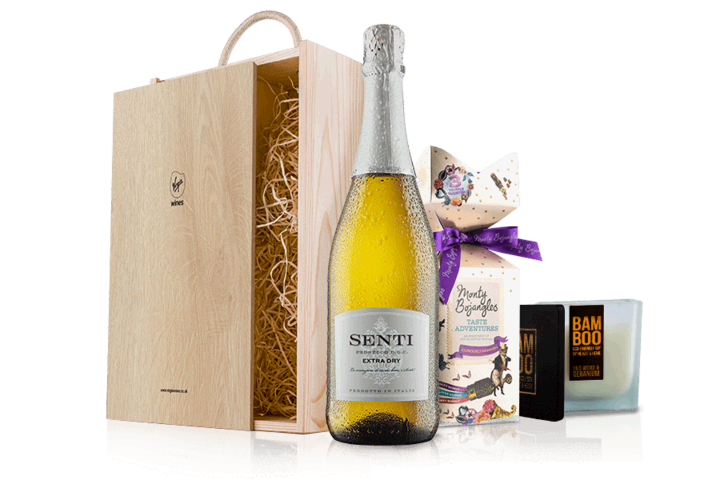 Prosecco Chocolates and Candle in Wooden Gift Box