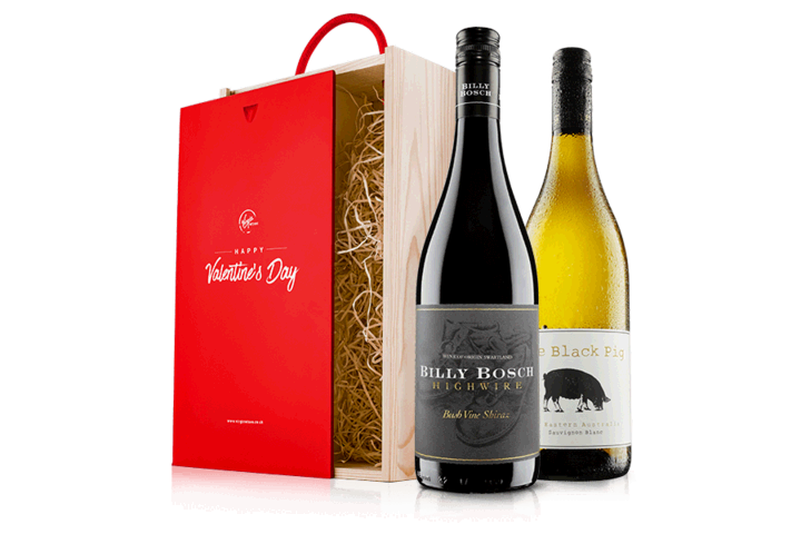 Valentine's Romantic Mixed Wine Duo in Wooden Gift Box