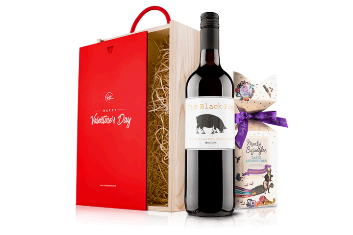 Valentine's Red Wine and Chocolates in Wooden Gift Box