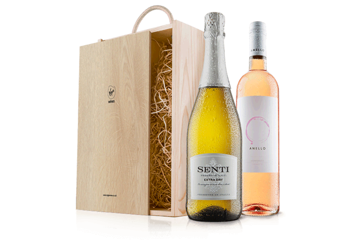Prosecco and Rose Wine in Wooden Gift Box